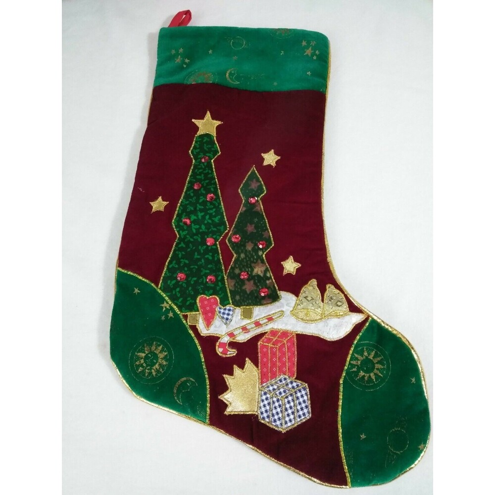 Christmas Stocking Burgundy Green Rhinestone Embellishments 16"
